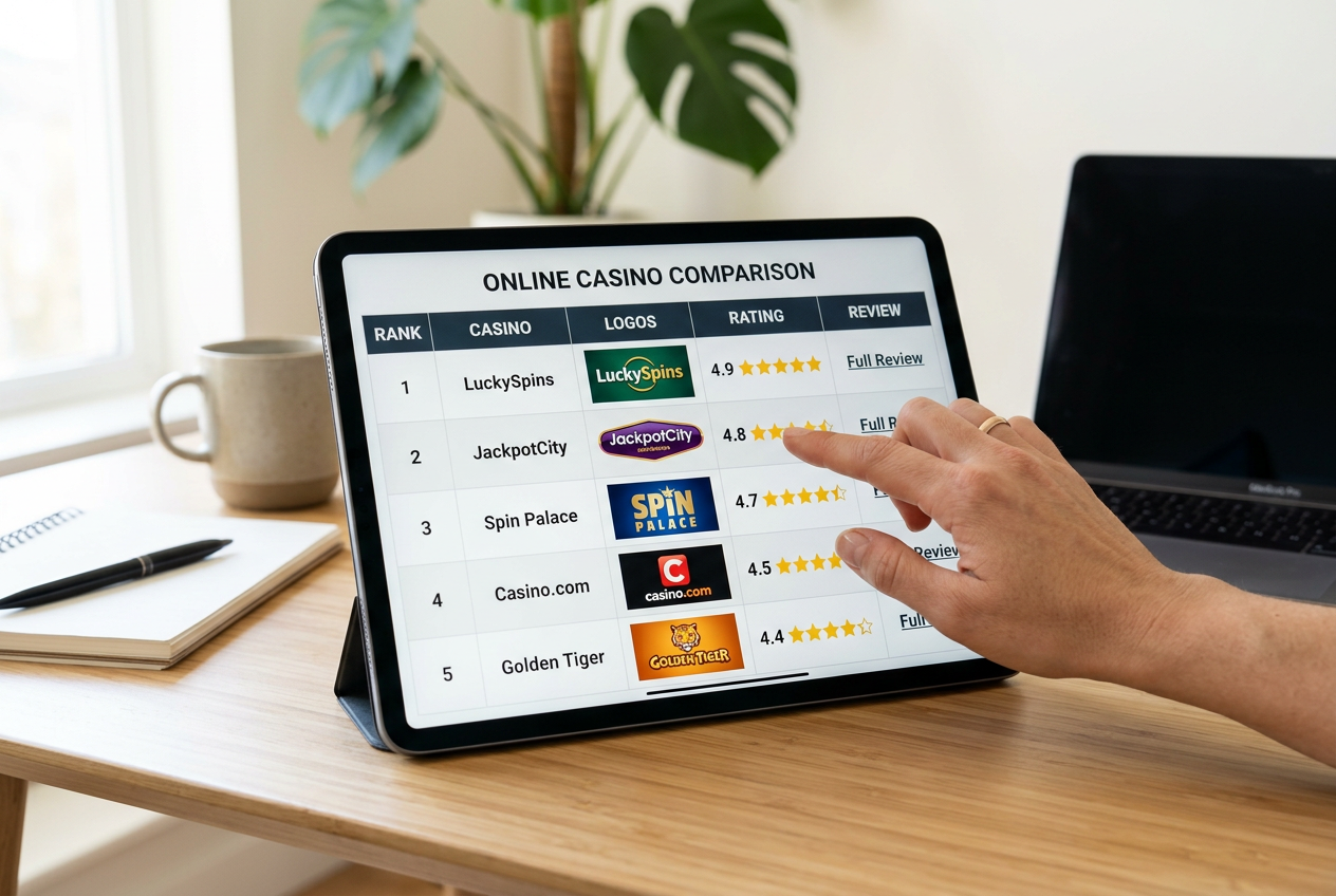 A professional digital display showing comparison charts and casino logos on a modern tablet.
